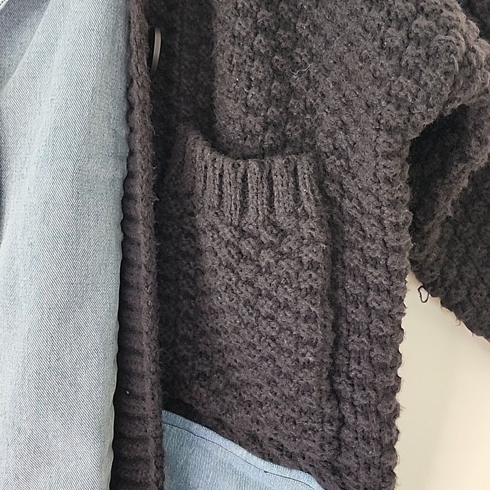 Davi & Dani Denim Collar Black Chuncky Knit  Button Front Cardigan Oversized S - Picture 9 of 14